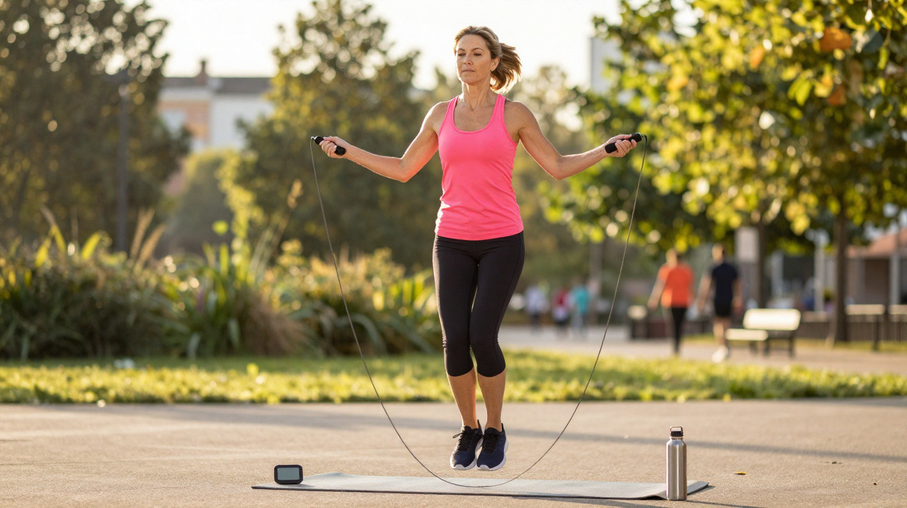 Mulher a saltar à corda num parque, num dia de sol, com tapete de exercício e garrafa ao lado.
