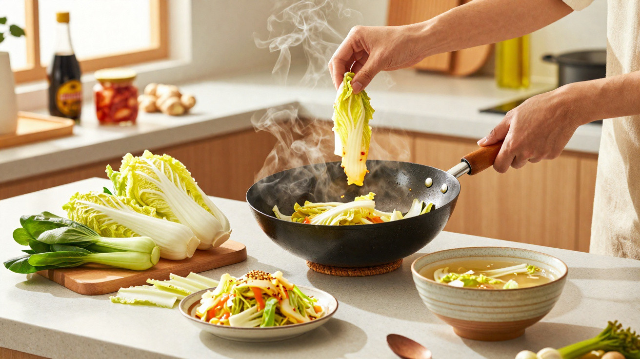 Pessoa a cozinhar legumes num wok fumegante numa cozinha moderna, com vegetais frescos e pratos ao lado.