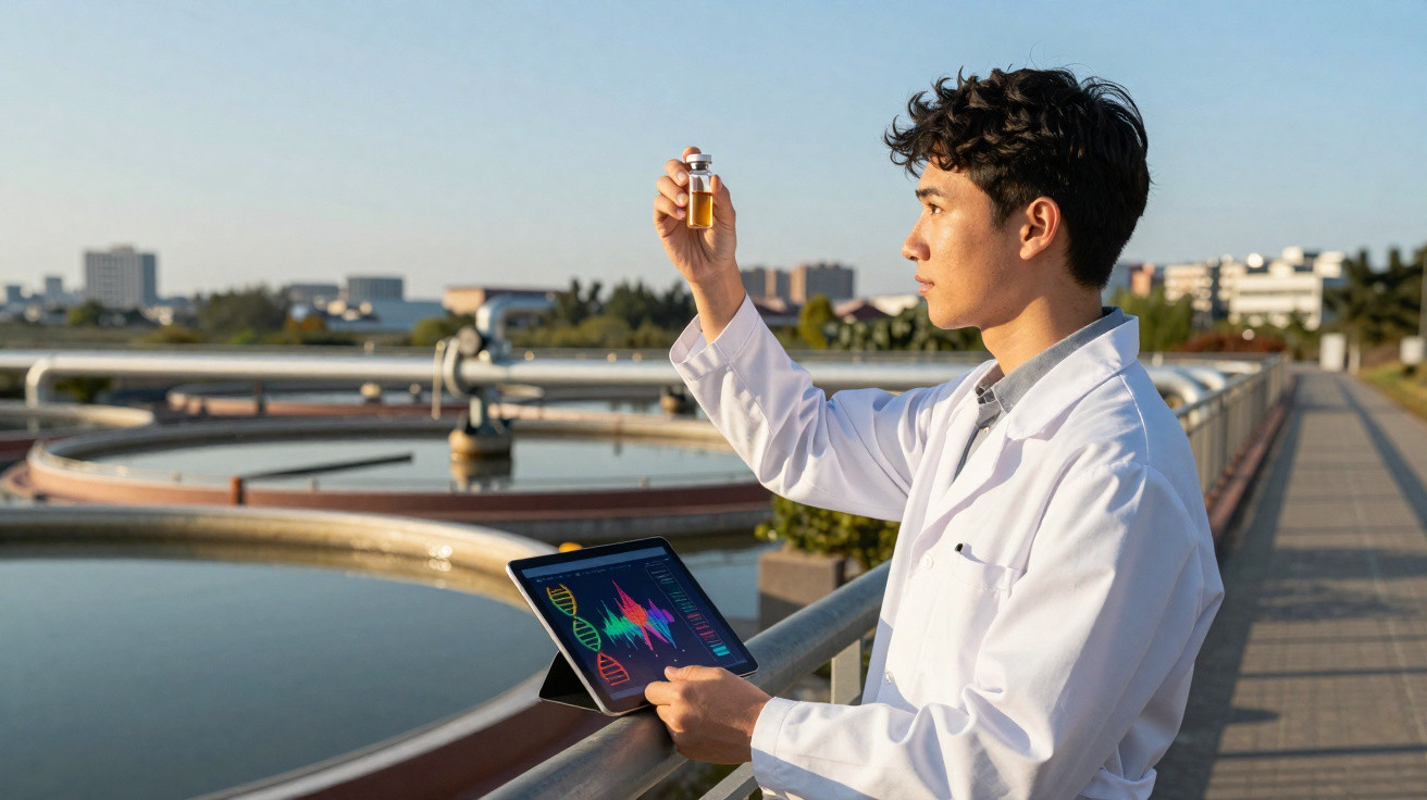 Cientista com bata branca segura frasco e tablet num laboratório ao ar livre junto a tanques circulares de água.