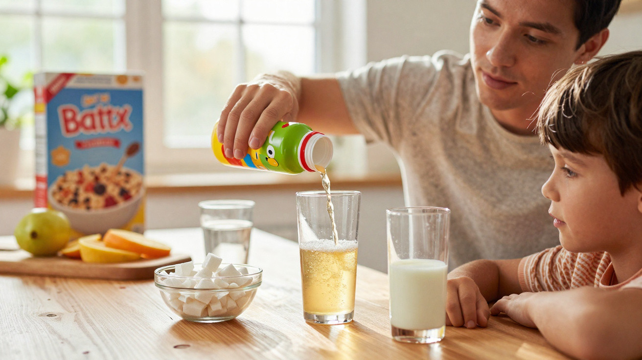 Homem a servir bebida numa mesa com menino, leite, frutas e cereais ao fundo numa cozinha clara.
