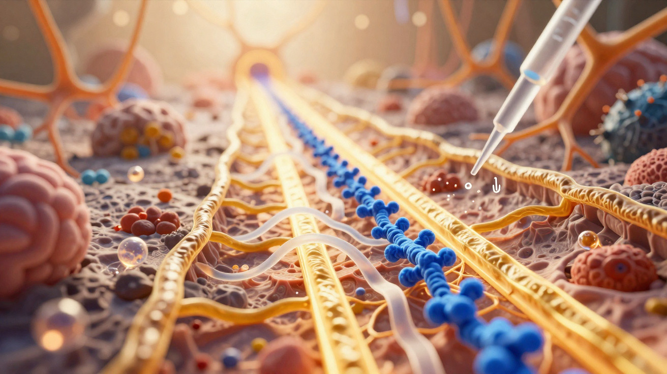 Representação 3D de manipulação genética com agulha a interagir com moléculas ao longo de estruturas biológicas.