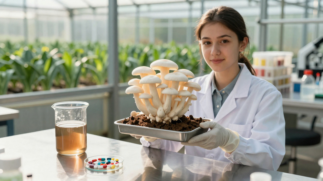 Mulher cientista de bata branca segura bandeja com cogumelos cultivados em laboratório moderno.