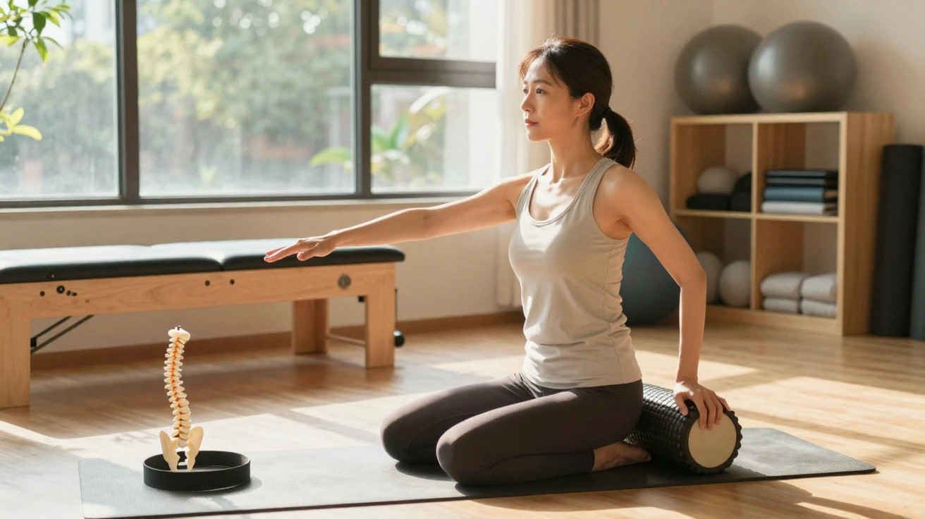 Mulher pratica exercícios com rolo de espuma numa sala iluminada, com modelo da coluna vertebral ao lado.