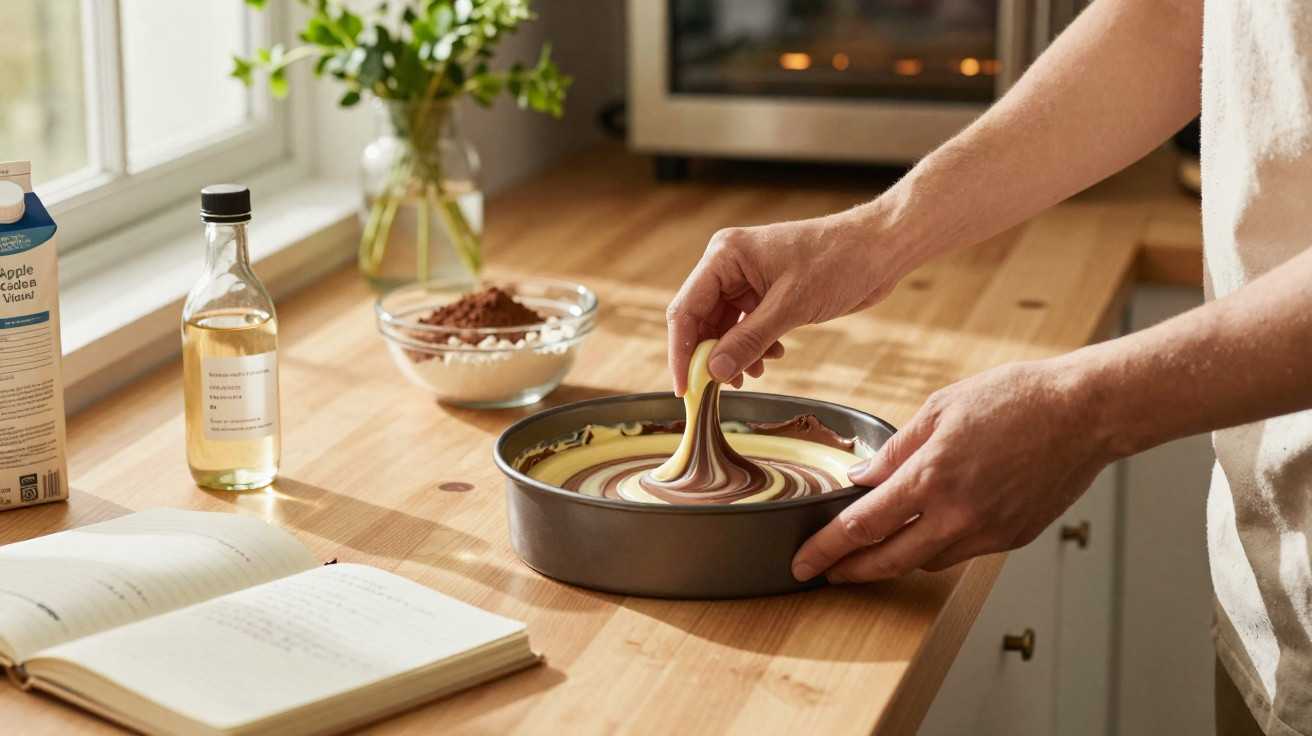 Pessoa a fazer padrão em massa de bolo com chocolate e baunilha numa forma redonda na cozinha.