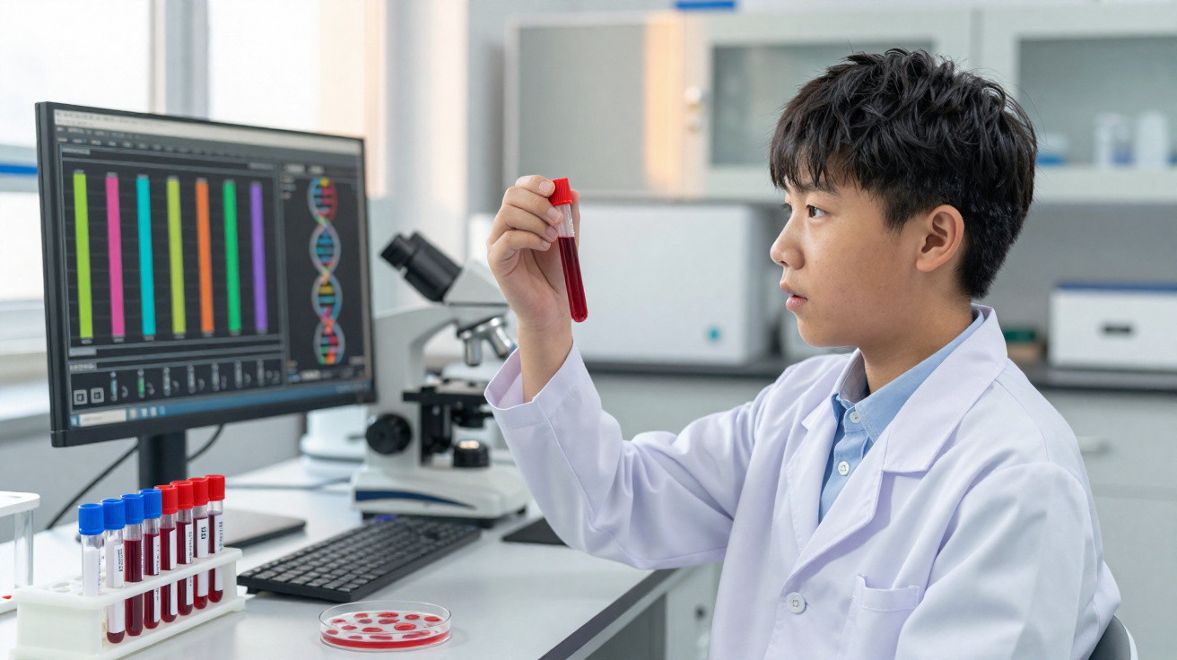 Criança cientista no laboratório a analisar tubo de ensaio com líquido vermelho, entre equipamentos laboratoriais.