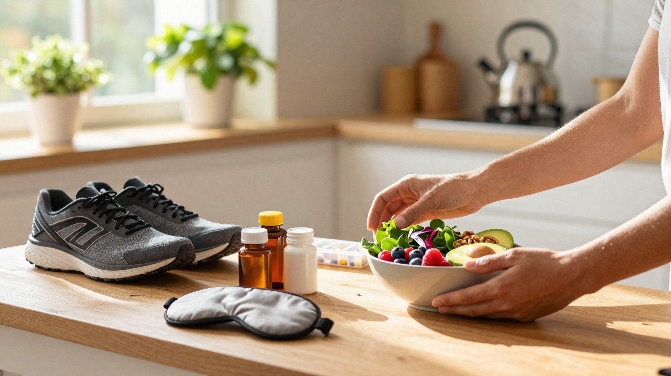 Pessoa prepara salada perto de tênis, frascos de vitaminas e máscara de dormir numa cozinha iluminada.