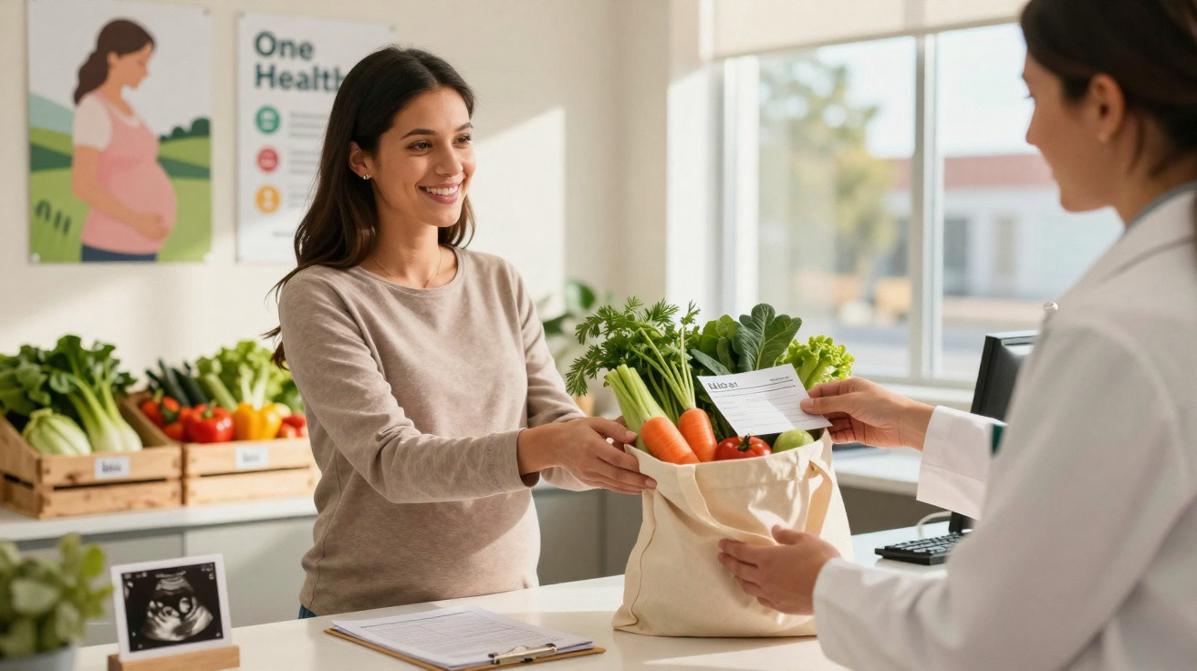 Mulher grávida a receber orientações nutricionais com legumes frescos numa consulta de saúde.