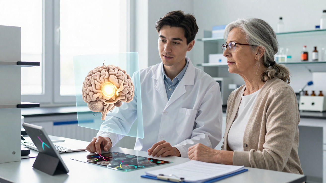 Médico explica a paciente idosa detalhes sobre o cérebro numa consulta num consultório médico moderno.