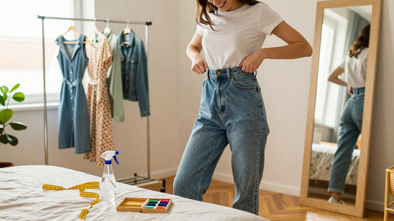 Mulher a experimentar jeans azul e sorrir em quarto com espelho e roupas penduradas.