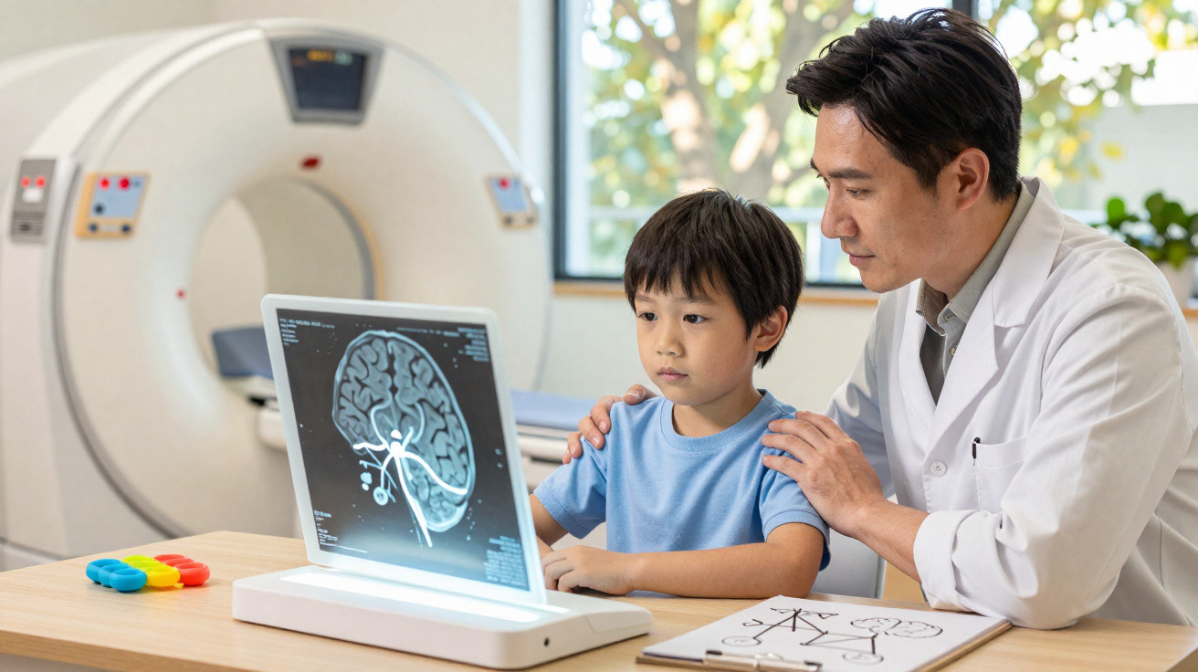 Médico com bata branca mostra exame cerebral a menino numa clínica com máquina de ressonância magnética.