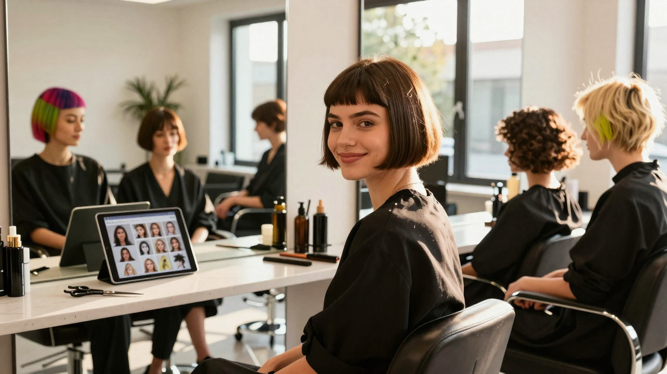 Mulher com cabelo curto e castanho sentada num salão de cabeleireiro, outras clientes e tablet com penteados à frente.