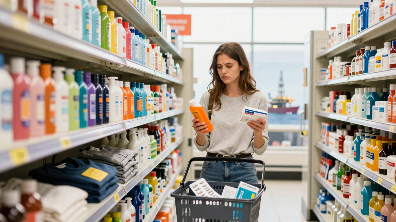 Mulher a escolher produtos na secção de higiene num supermercado, com carrinho de compras cheio.