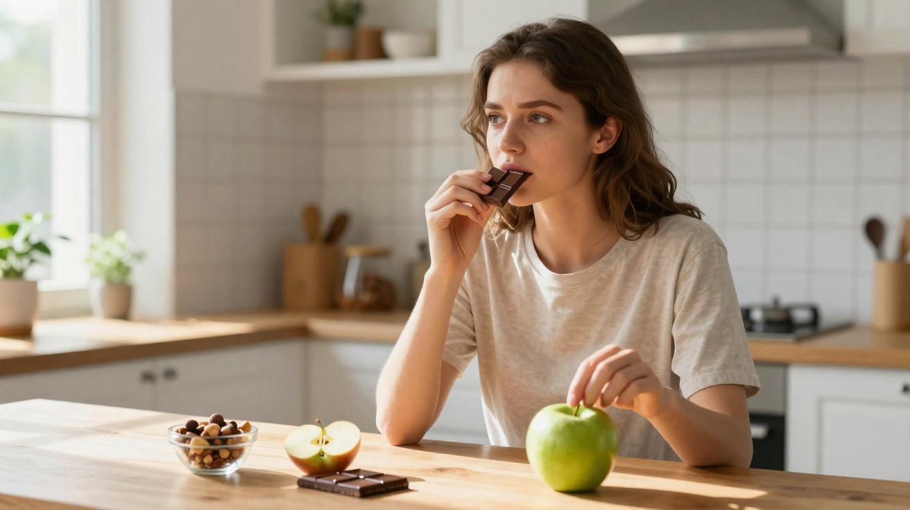 Mulher sentada à mesa na cozinha a comer chocolate, com maçã e frutos secos à sua frente.