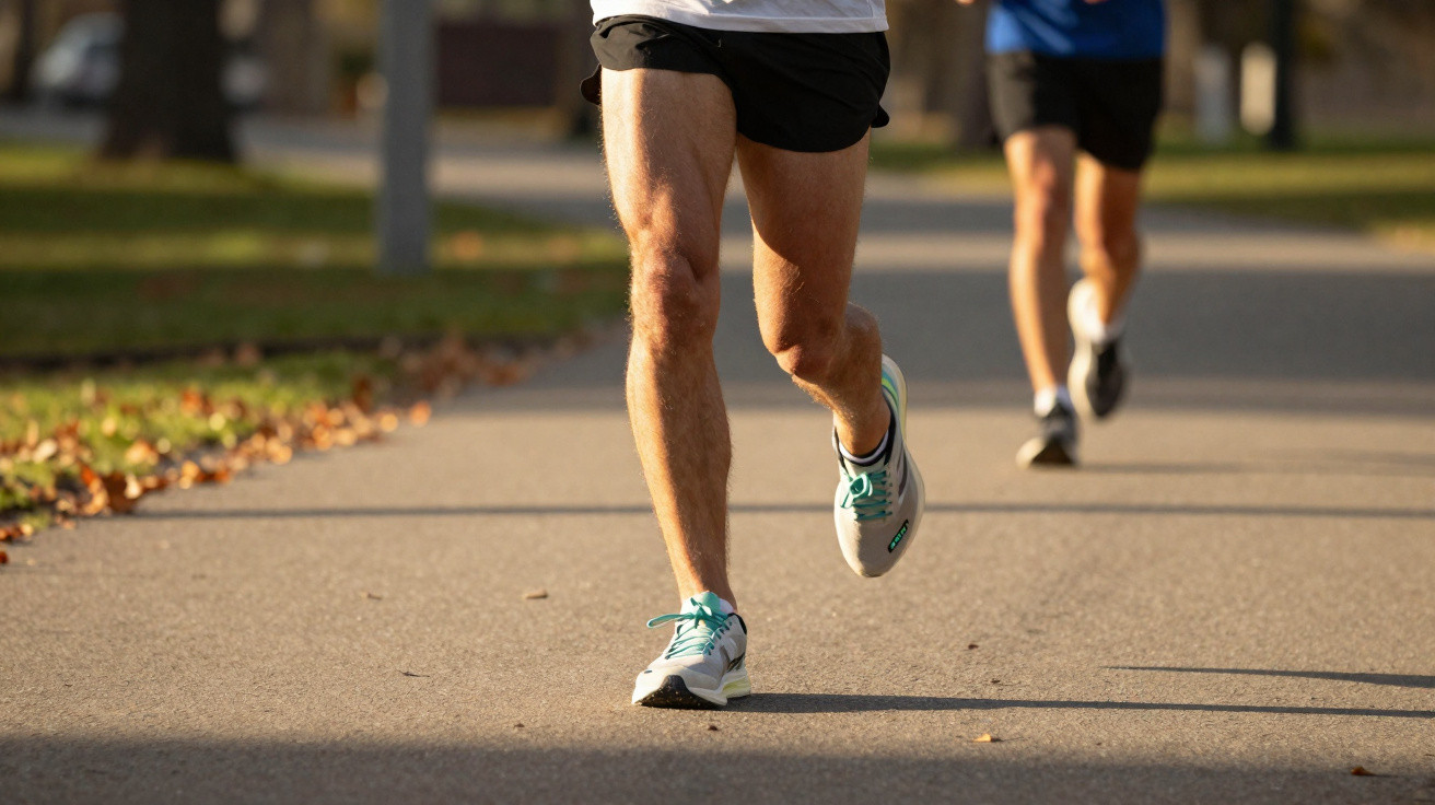 Pessoas a correr num parque com chão de alcatrão e folhas caídas ao lado do caminho.
