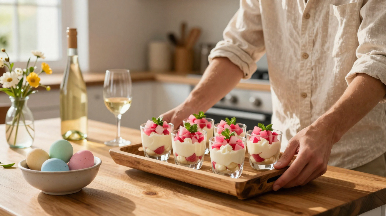 Pessoa a servir sobremesas em copos com vinho branco, ovos coloridos e flores numa cozinha iluminada.