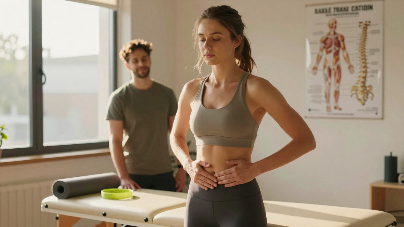 Mulher em roupa desportiva a testar a respiração com fisioterapeuta num consultório de reabilitação.