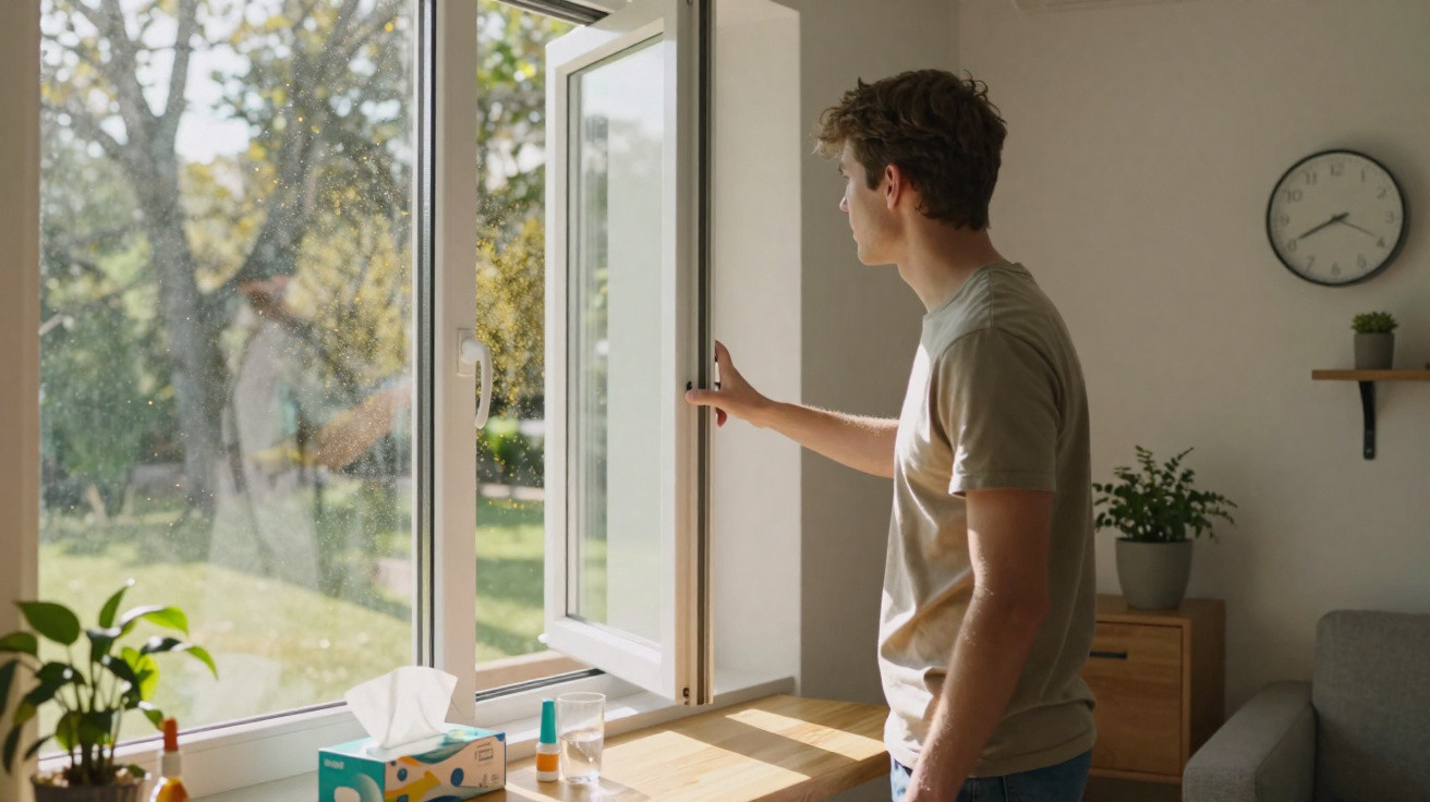 Homem a abrir uma janela numa sala com plantas e mobiliário moderno, com luz natural a entrar.