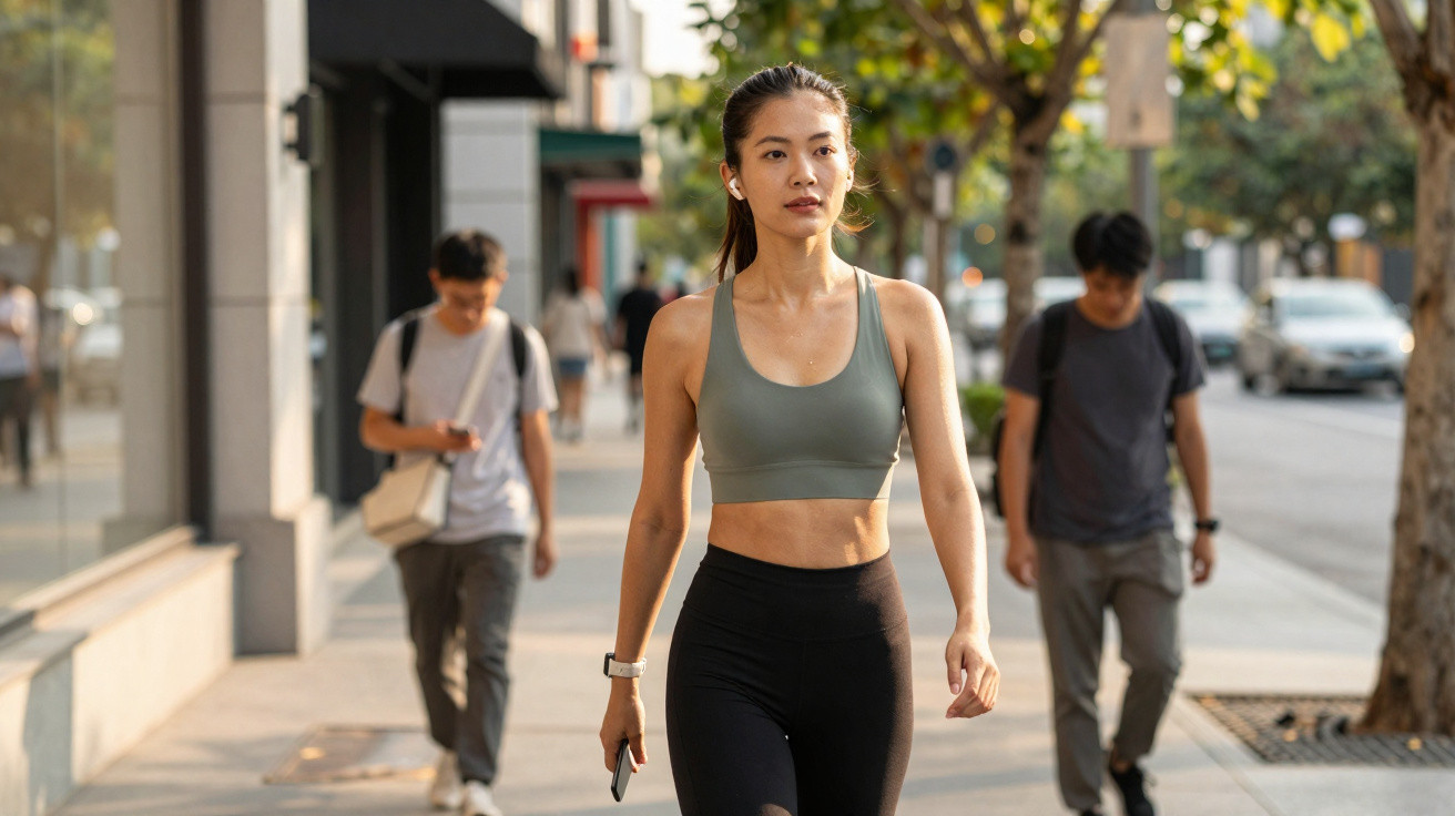 Mulher jovem a caminhar na rua com roupa desportiva e auriculares, pessoas ao fundo.