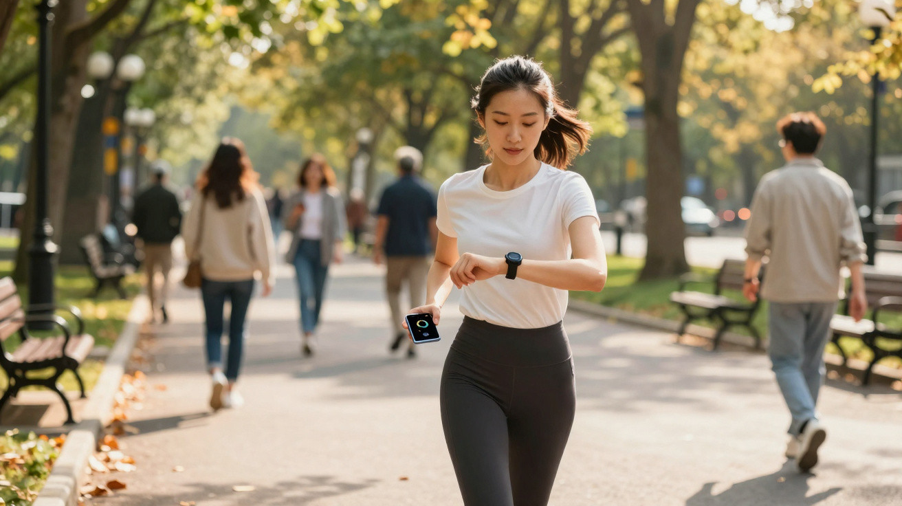Mulher a correr num parque enquanto vê o relógio fitness no pulso, com outras pessoas a caminhar ao fundo.