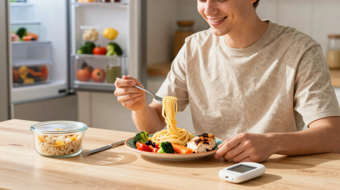 Pessoa sorridente a comer esparguete com legumes e frango, com medidor de glicose na mesa.