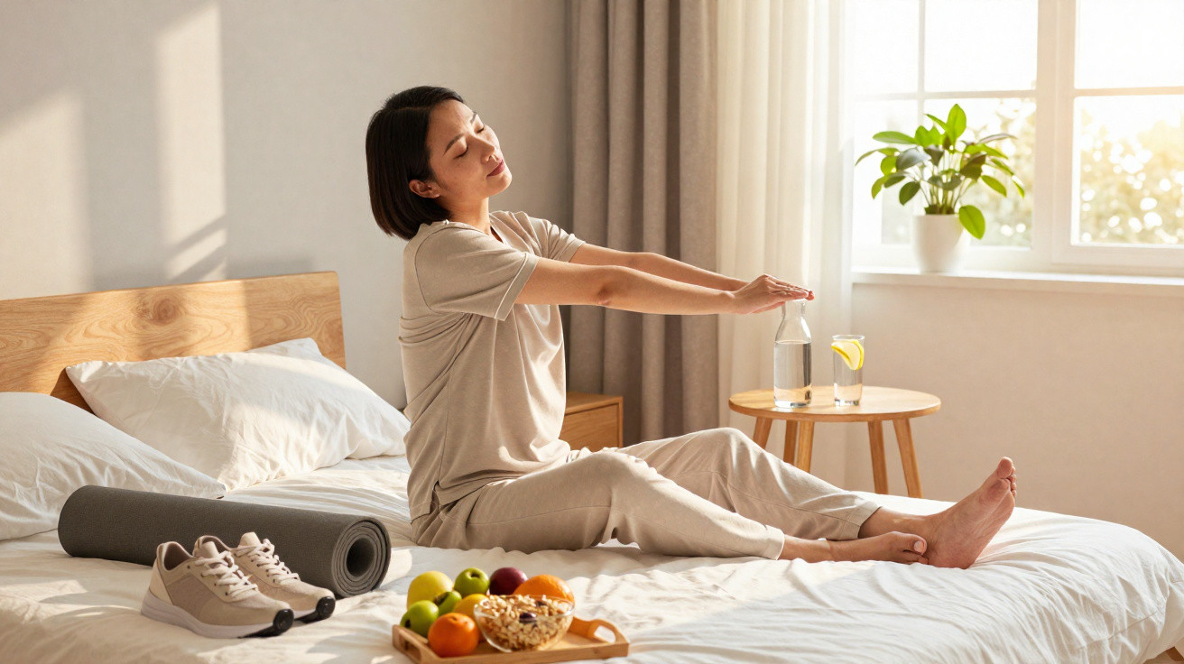 Mulher a fazer alongamentos sentada na cama, com fruta, garrafa de água e tapete de yoga ao lado.
