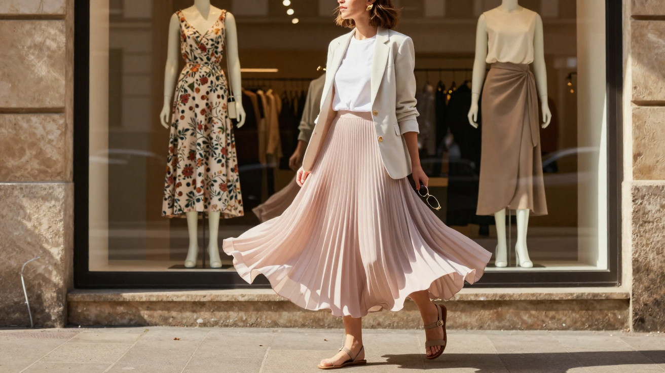 Mulher de saia plissada rosa e blazer branco posando em frente a montra com manequins vestidos.