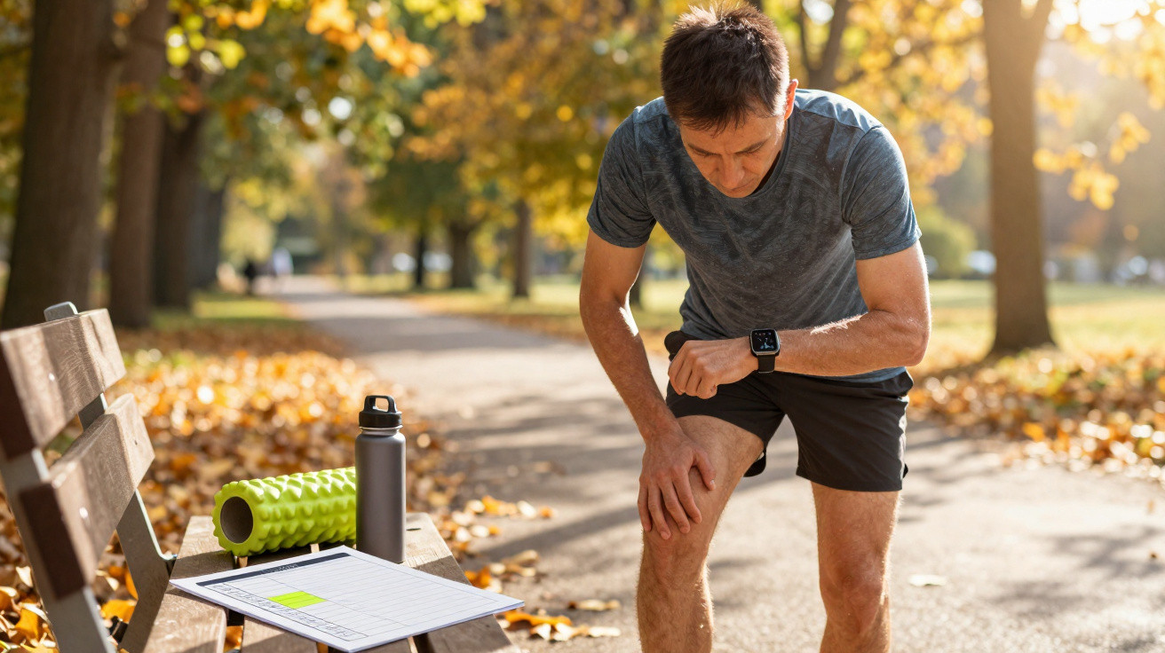 Homem parado num parque com roupa de treino, segurando o joelho, ao lado de banco com materiais de exercício.