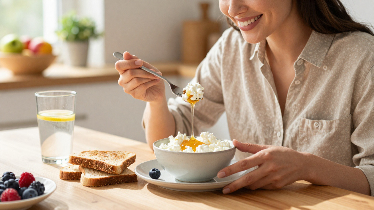 Mulher sorridente a comer iogurte com granola e mel ao pequeno-almoço numa cozinha luminosa.