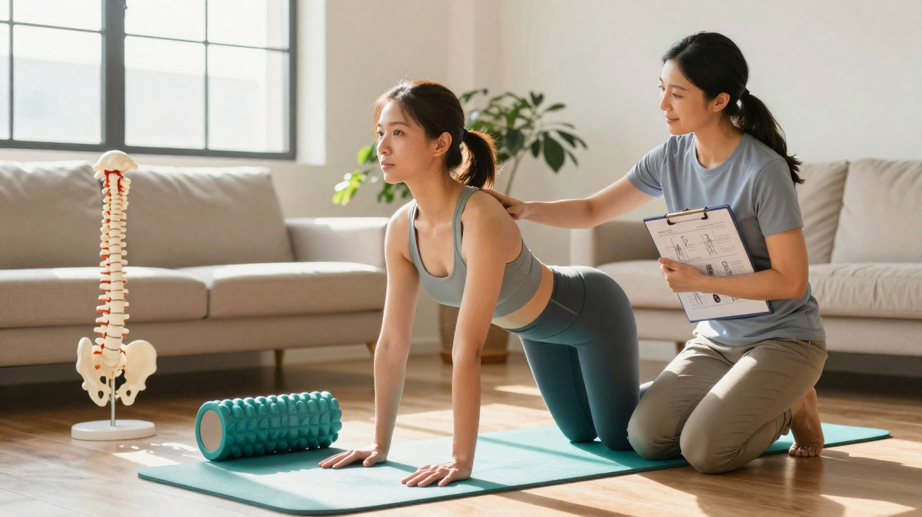 Mulher a fazer exercícios de alongamento orientada por fisioterapeuta num salão com modelo da coluna vertebral.