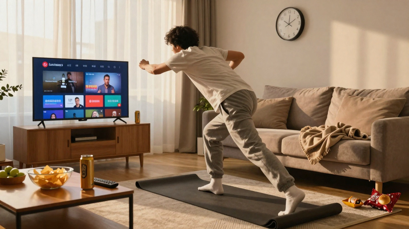 Pessoa a fazer exercício em casa numa sala, seguindo uma aula no ecrã da televisão.