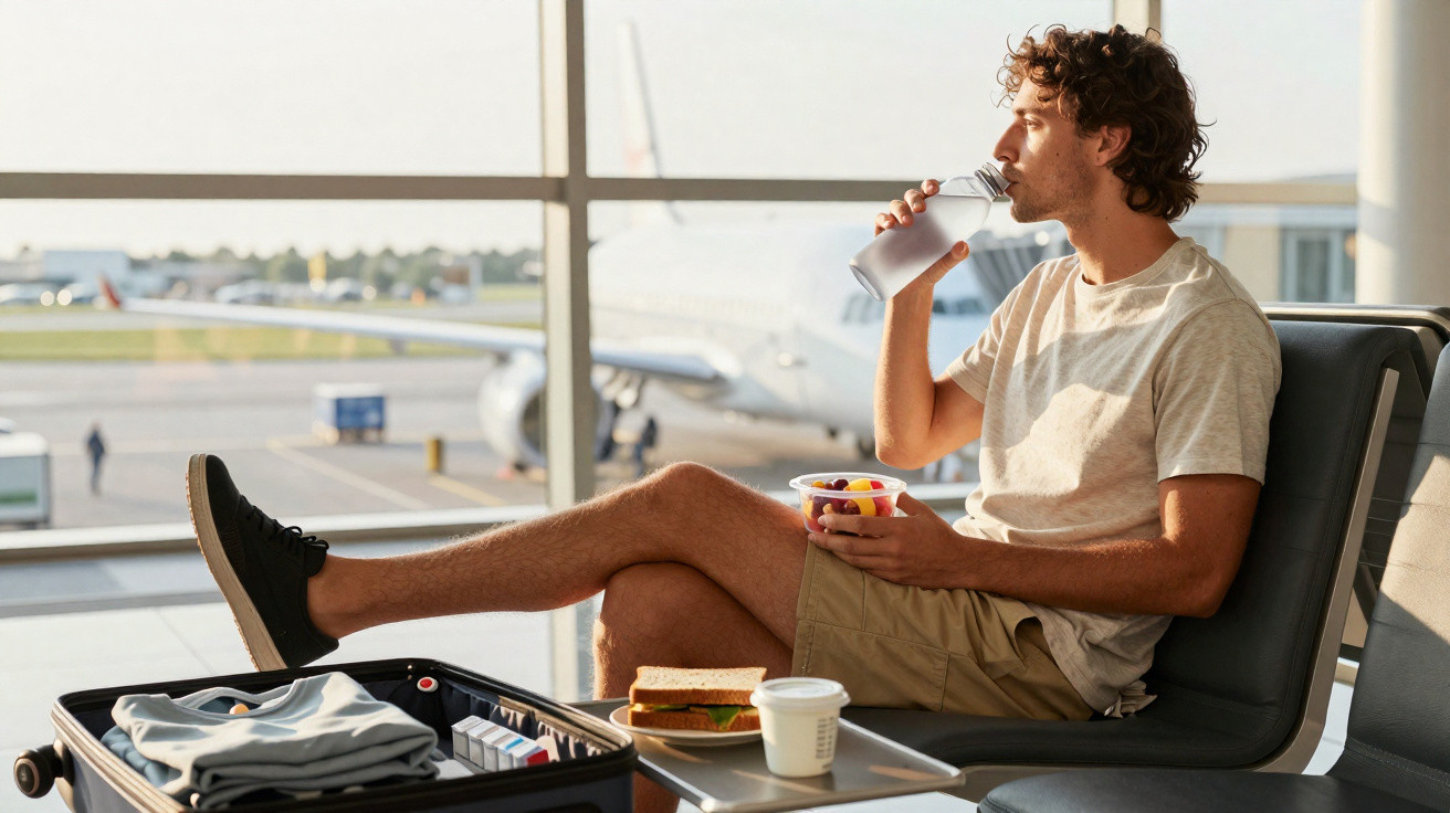 Homem sentado no aeroporto a beber água e a comer frutas, com mala aberta e avião ao fundo.