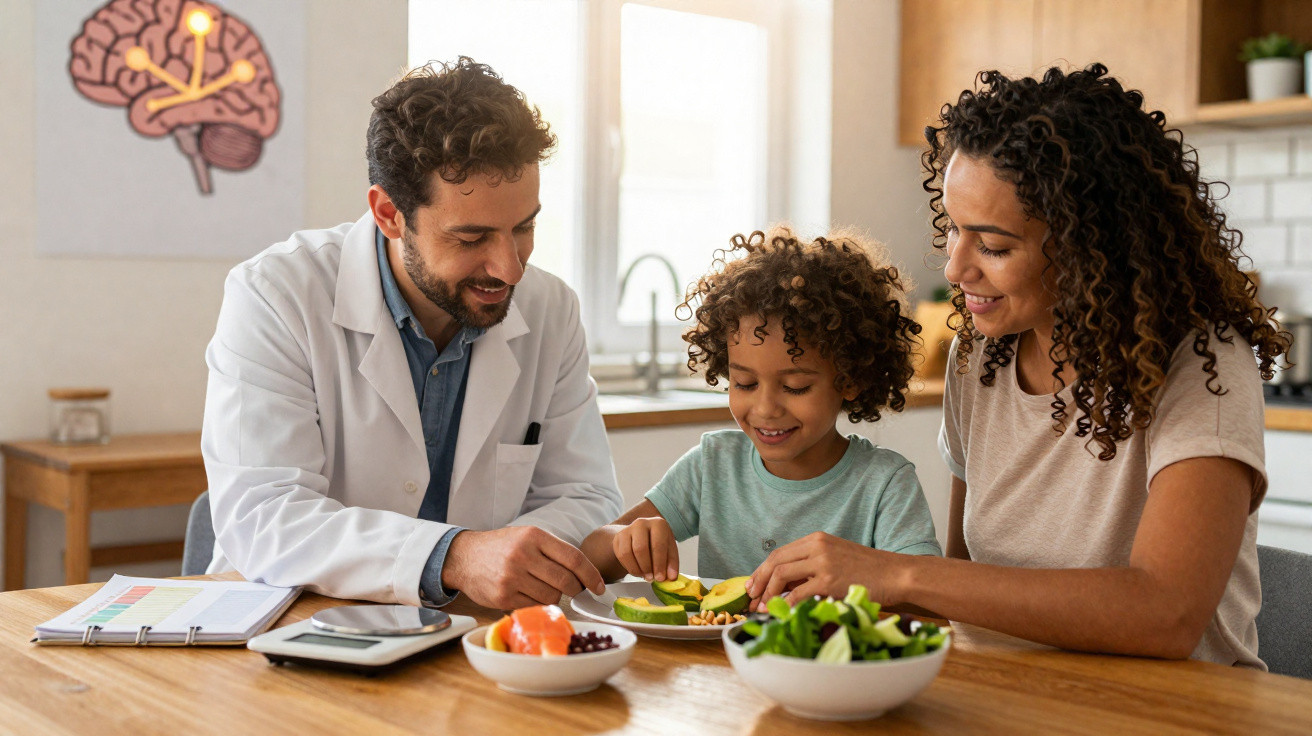 Médico com bata branca ensina mãe e filho a preparar uma refeição saudável com frutas e legumes numa mesa de cozinha.