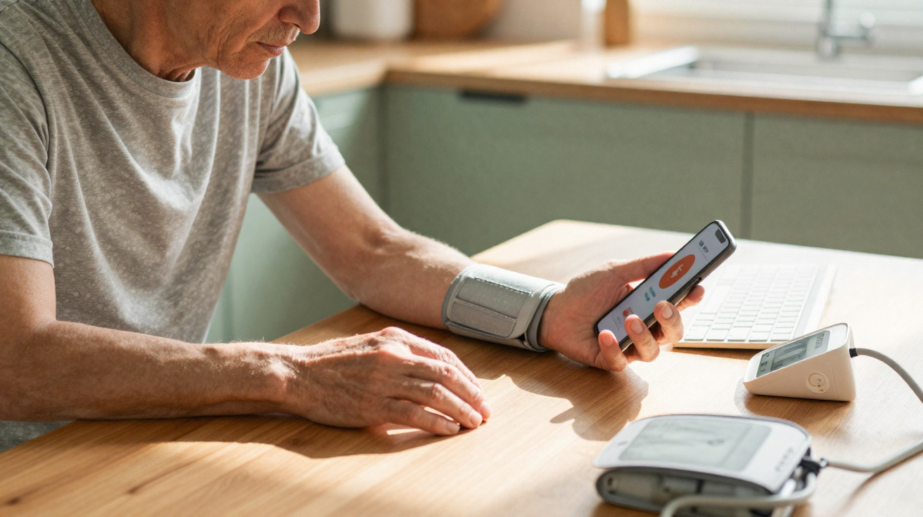 Homem a medir a tensão arterial em casa com monitor digital e aplicação no smartphone.