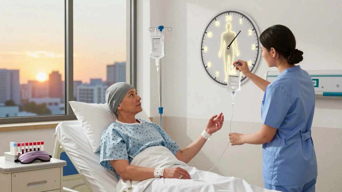 Paciente oncológica na cama do hospital a receber cuidados de enfermeira com infusão intravenosa.