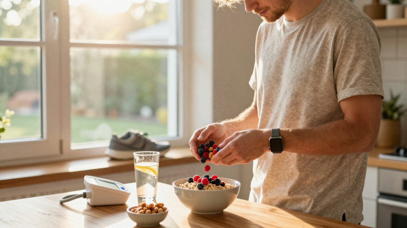 Homem numa cozinha a colocar frutos vermelhos numa tigela com cereais e beber água com limão.