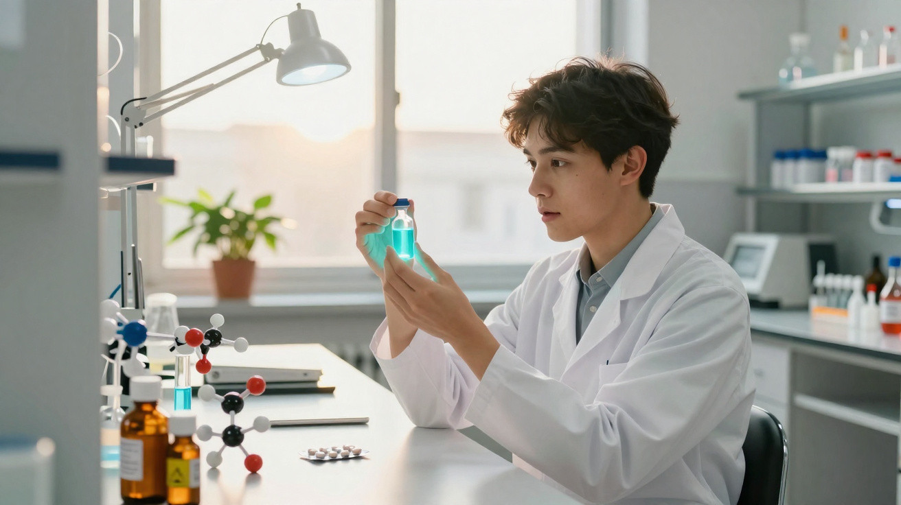 Jovem cientista em laboratório a analisar frasco com líquido azul sob luz natural.