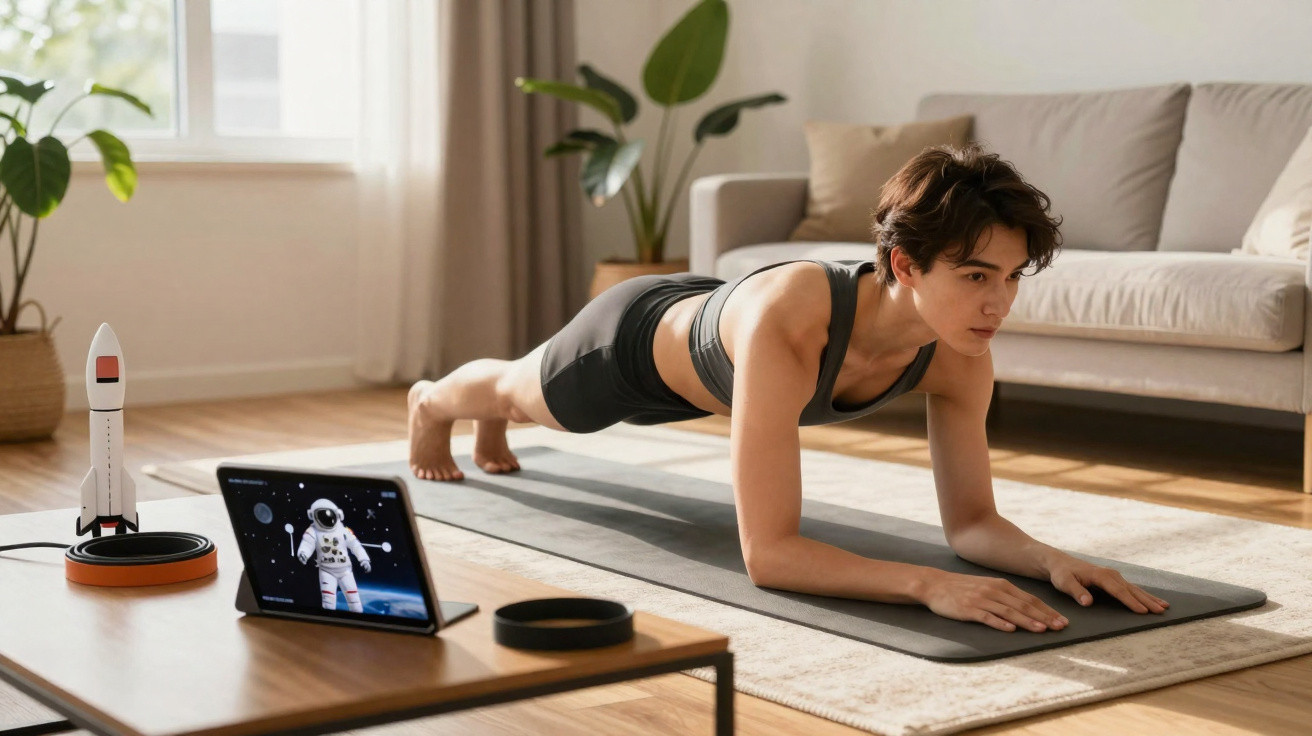 Mulher a fazer prancha no tapete de yoga numa sala, com tablet a mostrar astronauta e foguete na mesa.