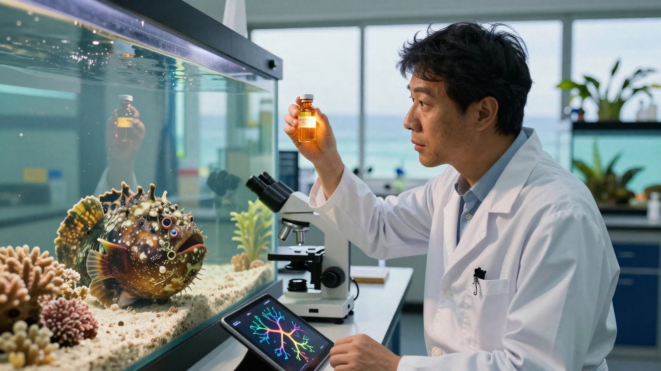 Cientista observa frasco com líquido junto a aquário com peixe e tablet com imagem de neurónios.