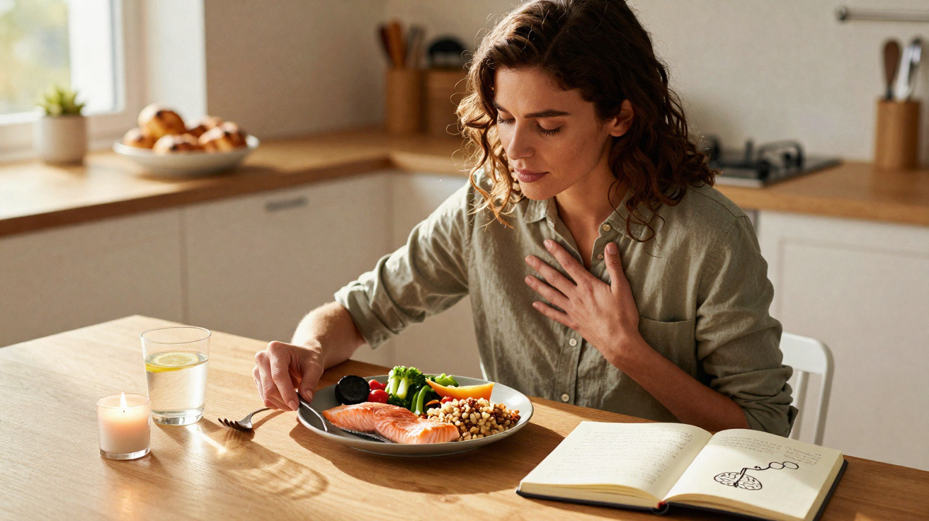 Mulher sentada à mesa, segurando o peito, com prato de comida saudável e caderno aberto à sua frente.