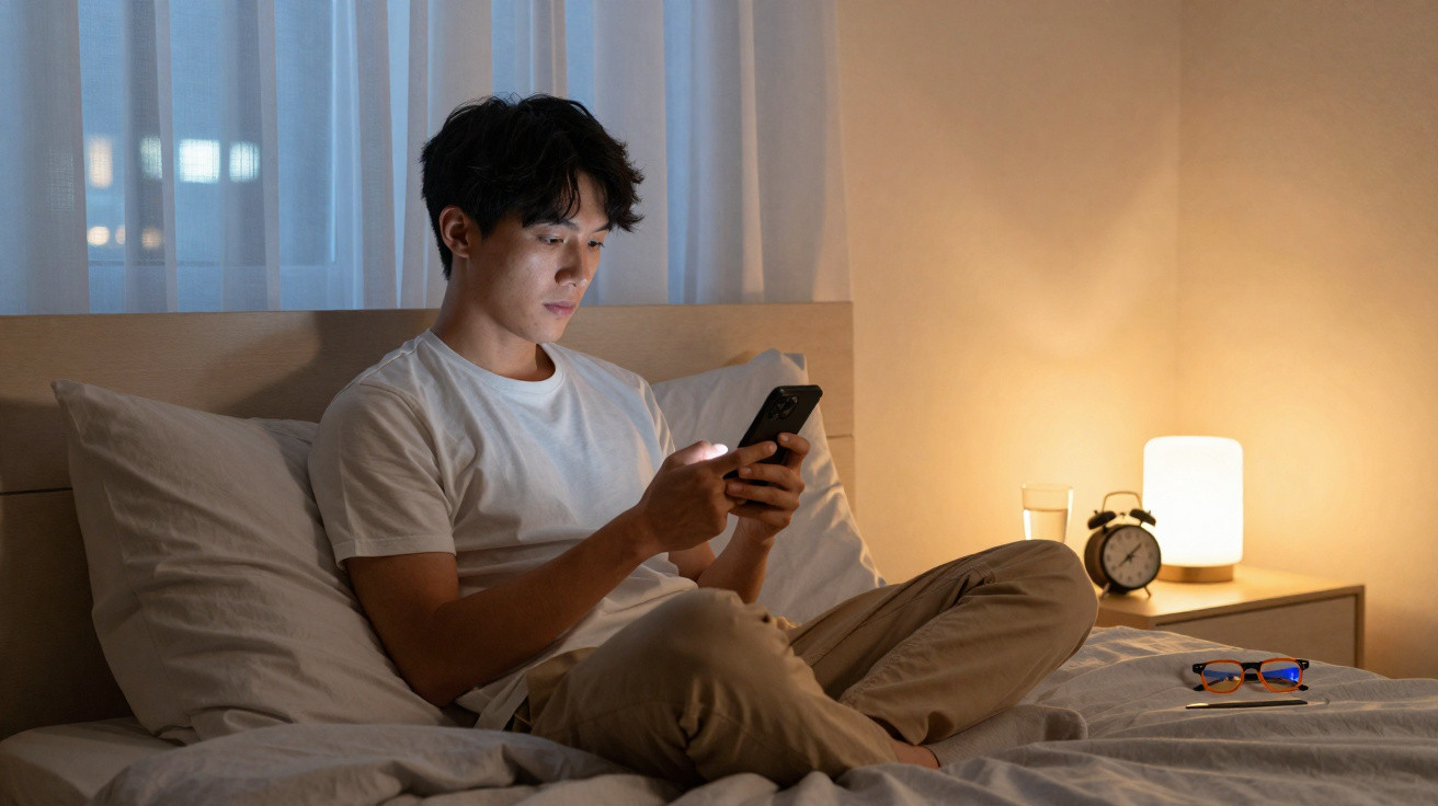Homem sentado na cama à noite, a usar telemóvel, com candeeiro, relógio e óculos numa mesa de cabeceira.