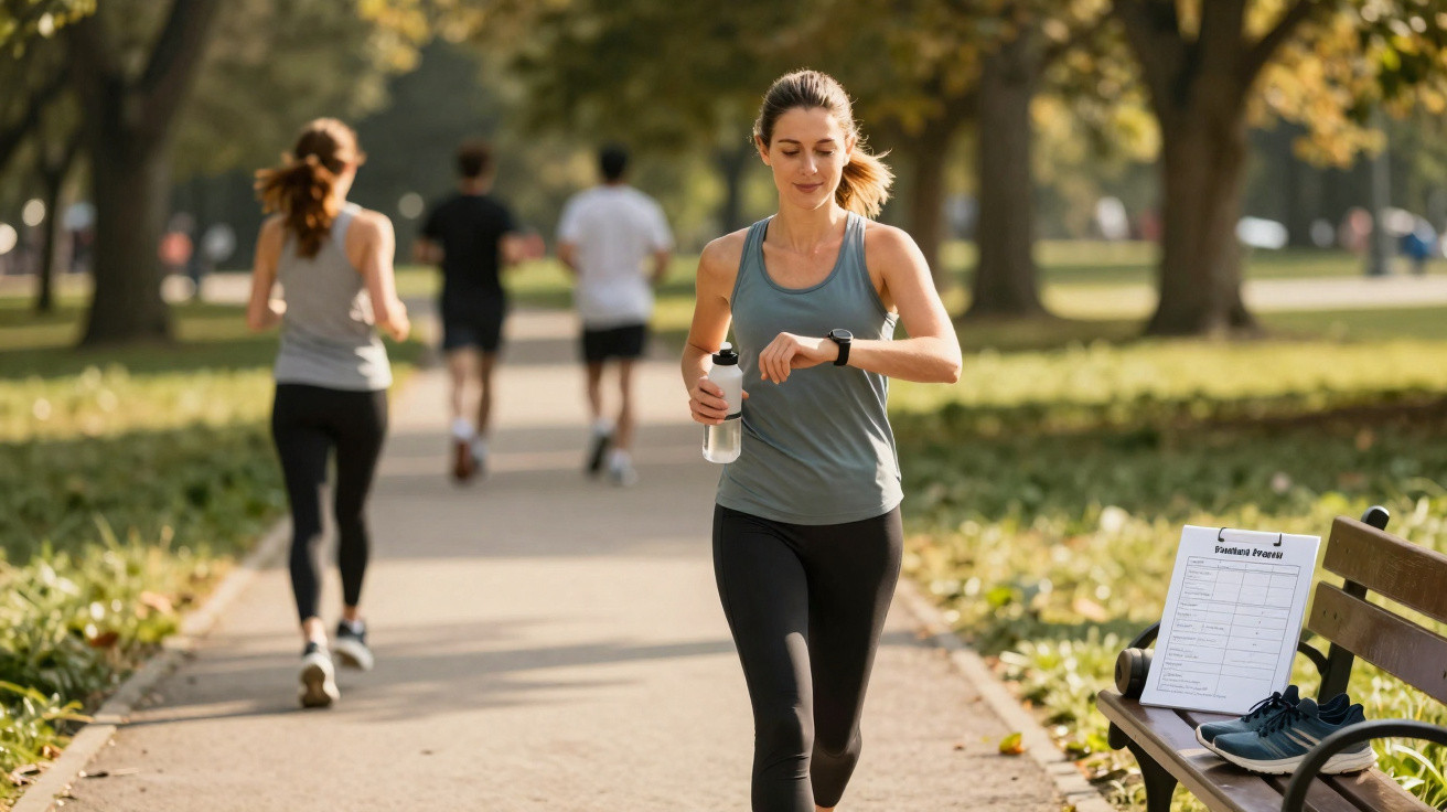 Mulher a correr num parque, a verificar o relógio enquanto segura uma garrafa de água.