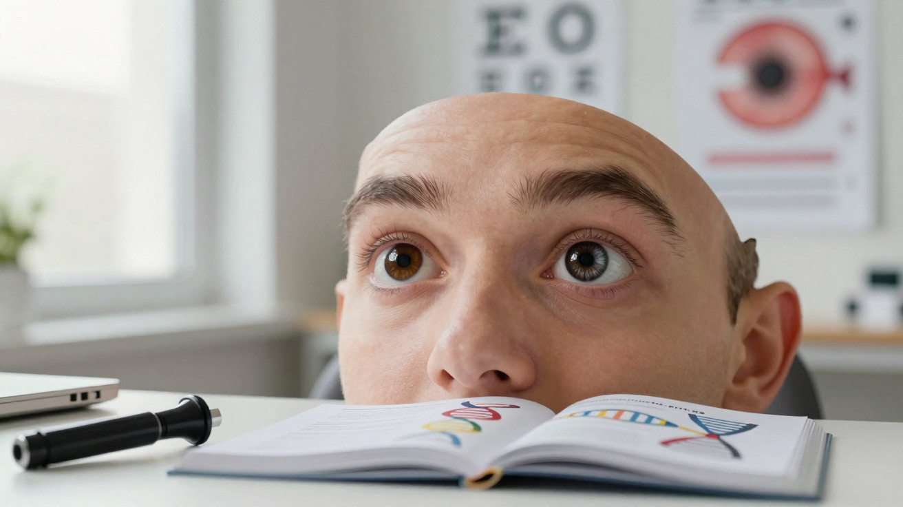 Homem calvo com olhos castanhos e olhos heterocromáticos observa livro aberto sobre DNA numa mesa branca.