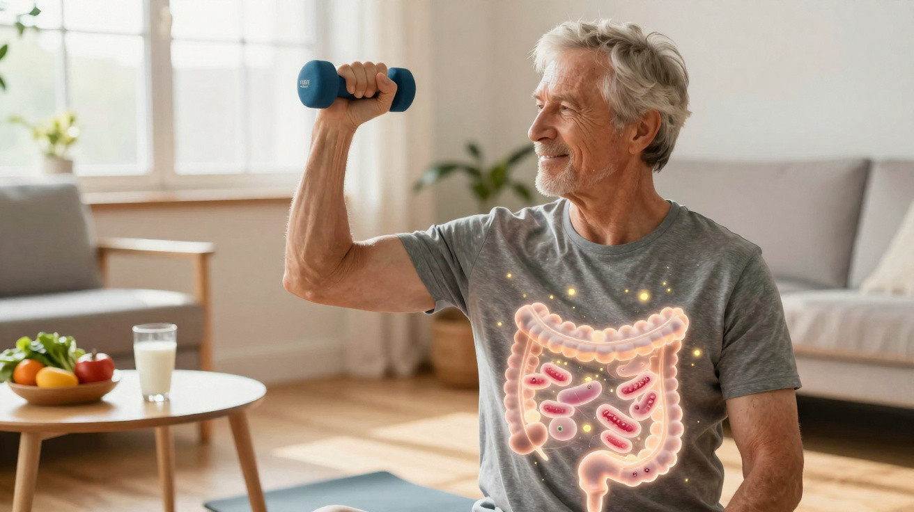 Homem sénior a fazer exercício com haltere, com ilustração do intestino e flora intestinal visível no peito.