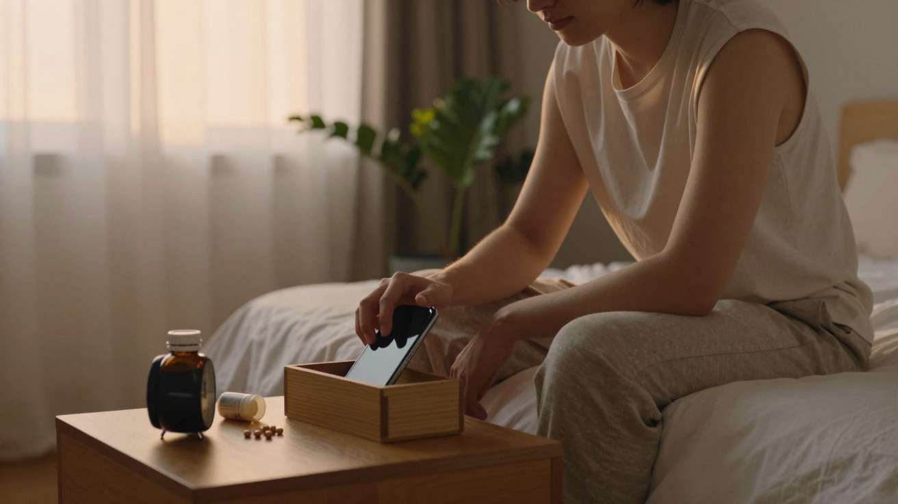 Pessoa a guardar o telemóvel numa caixa de madeira num quarto com luz natural suave.