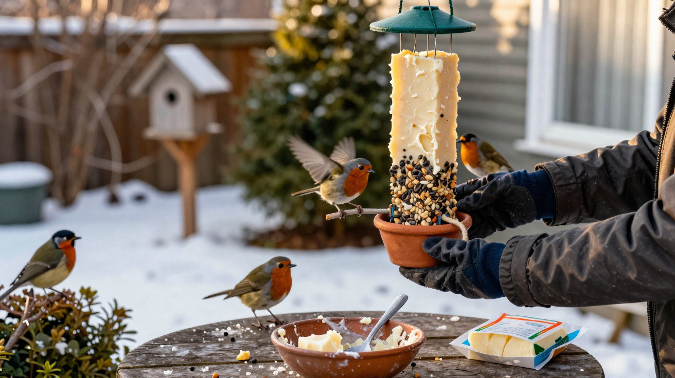 Mãos com luvas penduram um comedouro caseiro com sementes, rodeado por várias aves no jardim com neve.