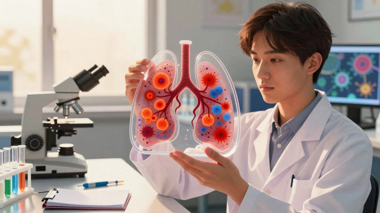 Cientista analisa modelo transparente de pulmões com infecções representadas em laboratório.