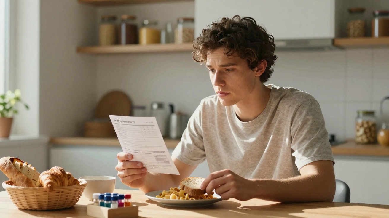 Jovem sentado à mesa da cozinha a ler um documento enquanto faz uma refeição tranquila.