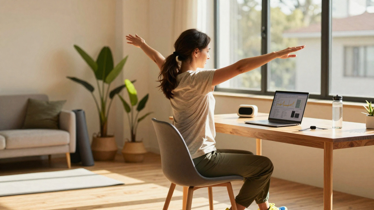Mulher a fazer exercício sentado numa cadeira em casa, com computador aberto numa secretária.