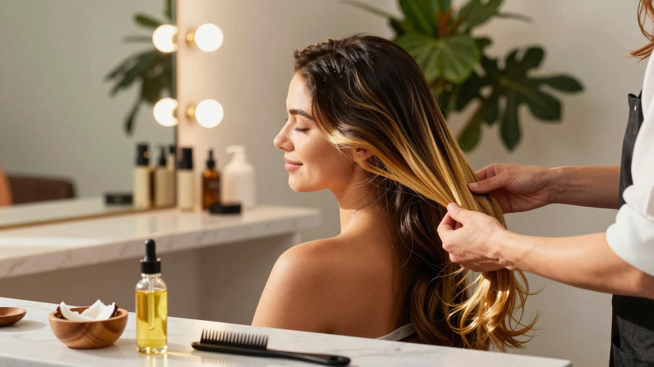 Mulher com cabelo loiro e castanho a receber tratamento capilar num salão de beleza iluminado e acolhedor.