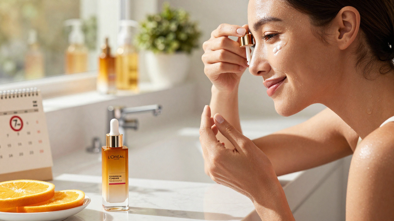 Mulher a aplicar sérum facial junto a uma bancada com laranjas e calendário visível.